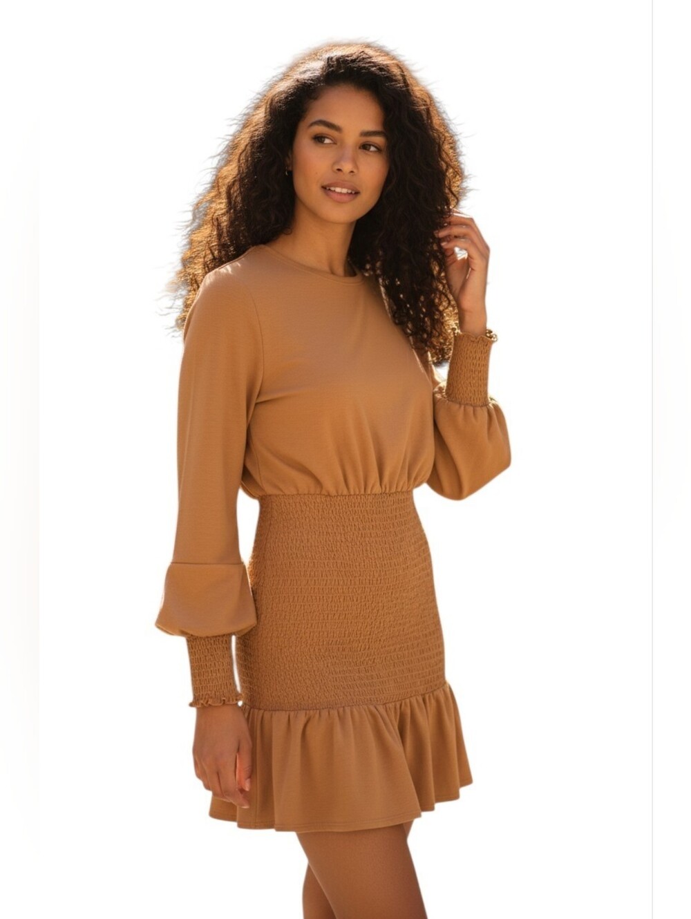 Winter Muse Smocked Jasmine Mini Dress Tan Size 4
